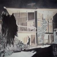 Femme devant maison (huile sur toile 185x150)